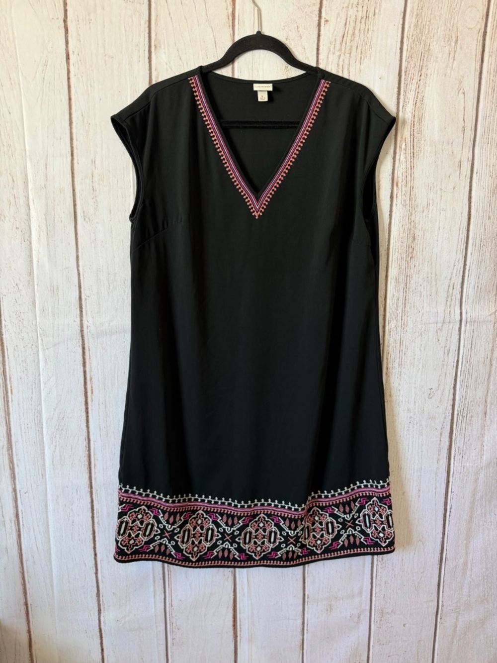 Merona Black Tunic Dress with Pink and White Embroidered Trim